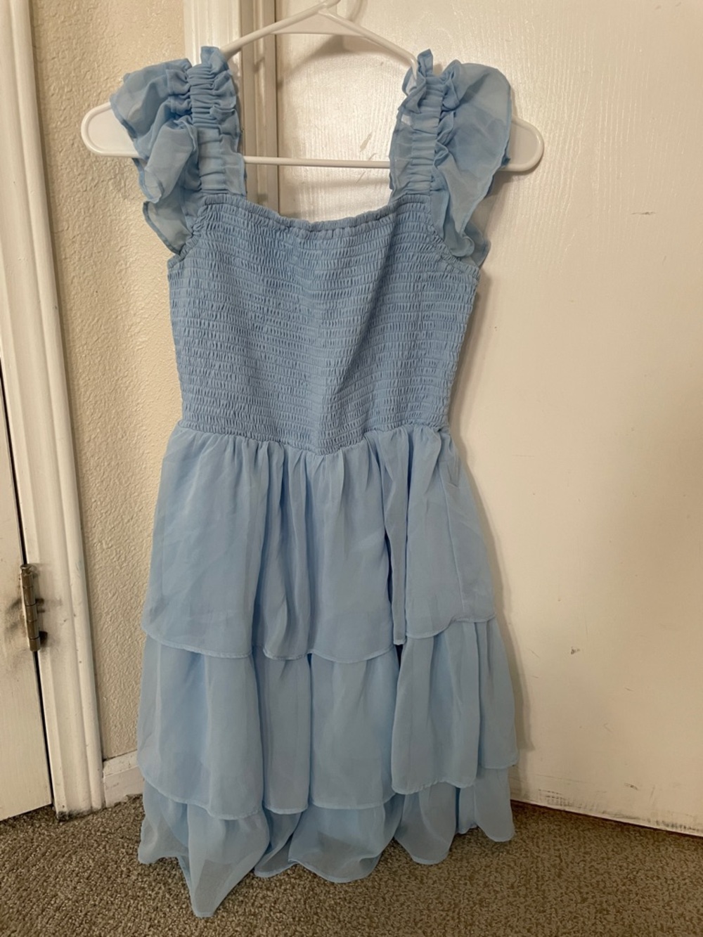 Girls' Light Blue Ruffle Strap Tiered Chiffon Dress